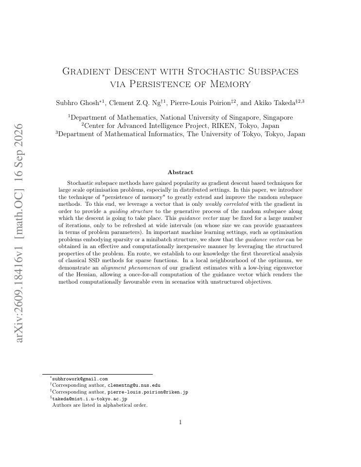 First page of Gradient Descent with Stochastic Subspaces via Persistence of Memory