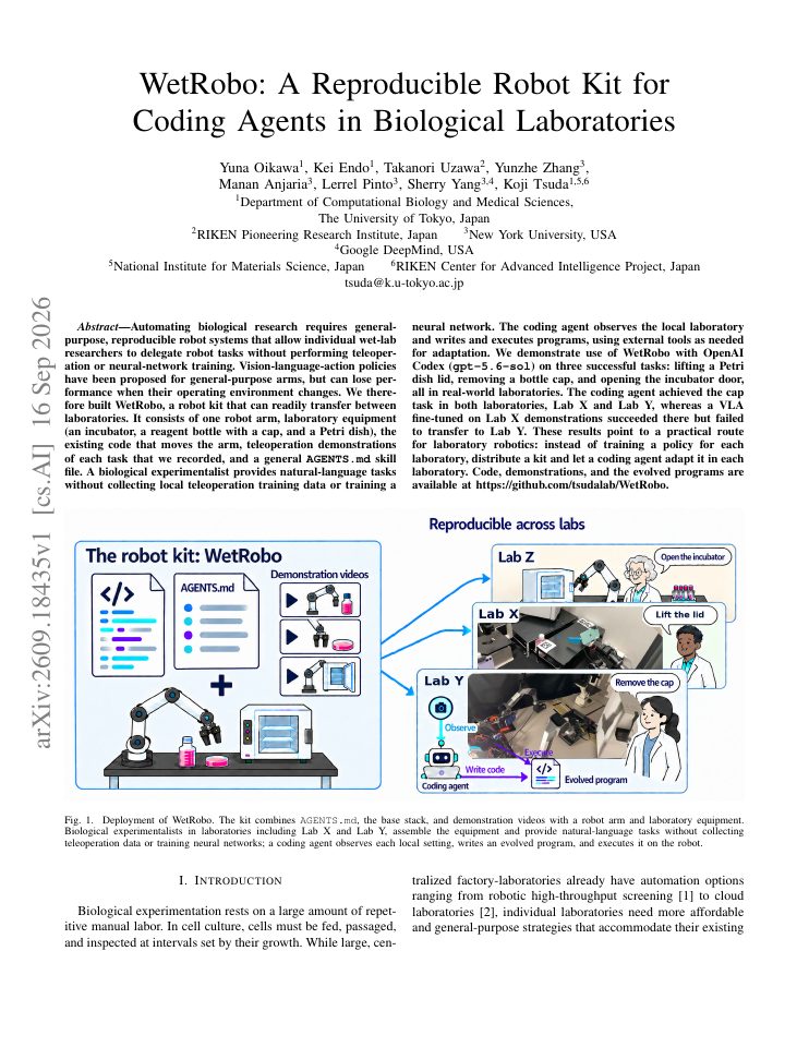 First page of WetRobo: A Reproducible Robot Kit for Coding Agents in Biological Laboratories
