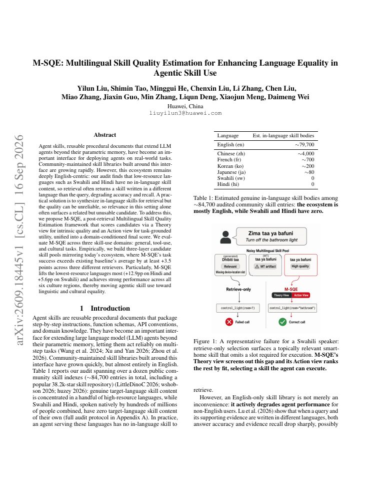 First page of M-SQE: Multilingual Skill Quality Estimation for Enhancing Language Equality in Agentic Skill Use