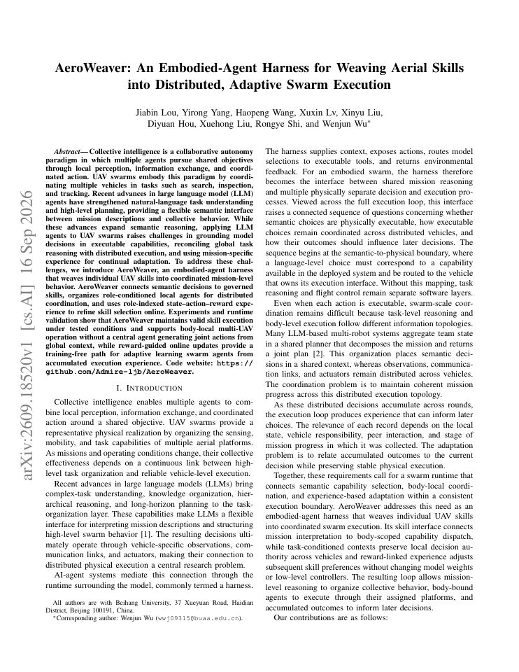 First page of AeroWeaver: An Embodied-Agent Harness for Weaving Aerial Skills into Distributed, Adaptive Swarm Execution