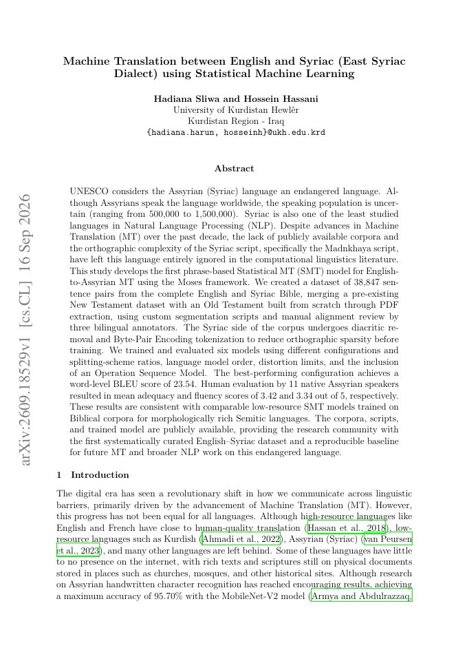 First page of Machine Translation between English and Syriac (East Syriac Dialect) using Statistical Machine Learning