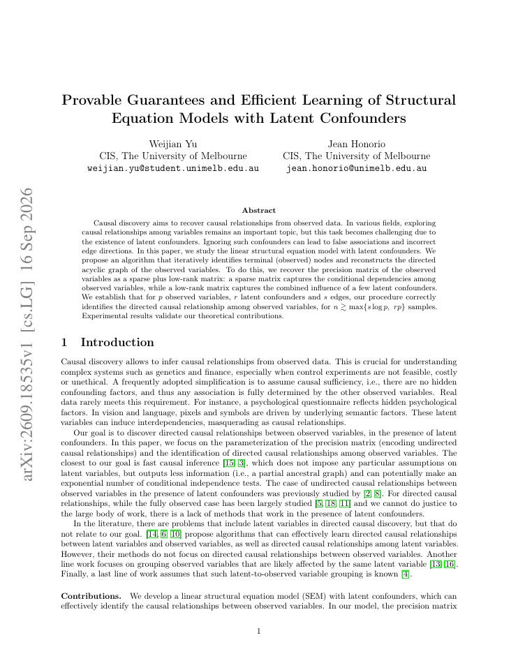 First page of Provable Guarantees and Efficient Learning of Structural Equation Models with Latent Confounders