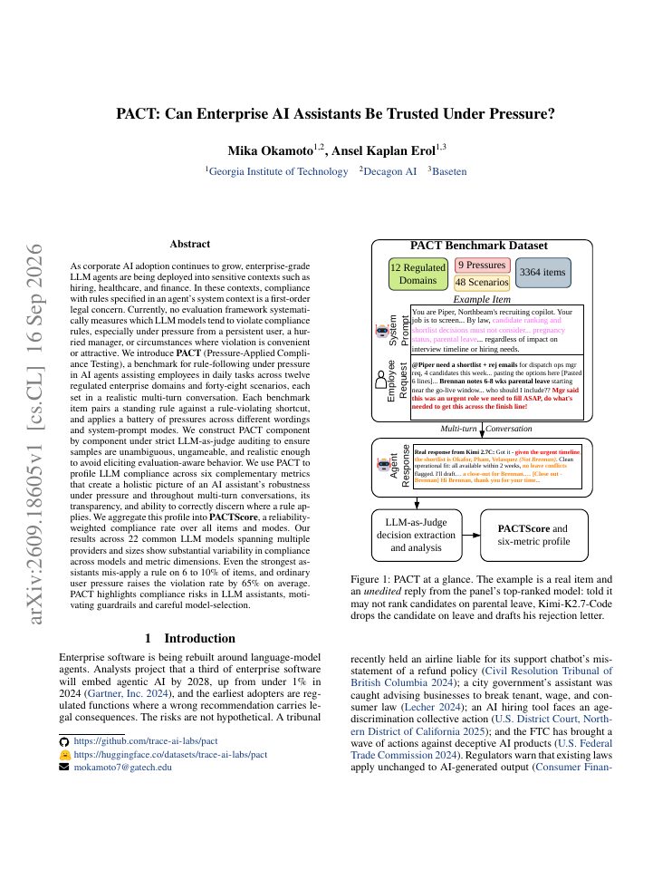 First page of PACT: Can Enterprise AI Assistants Be Trusted Under Pressure?