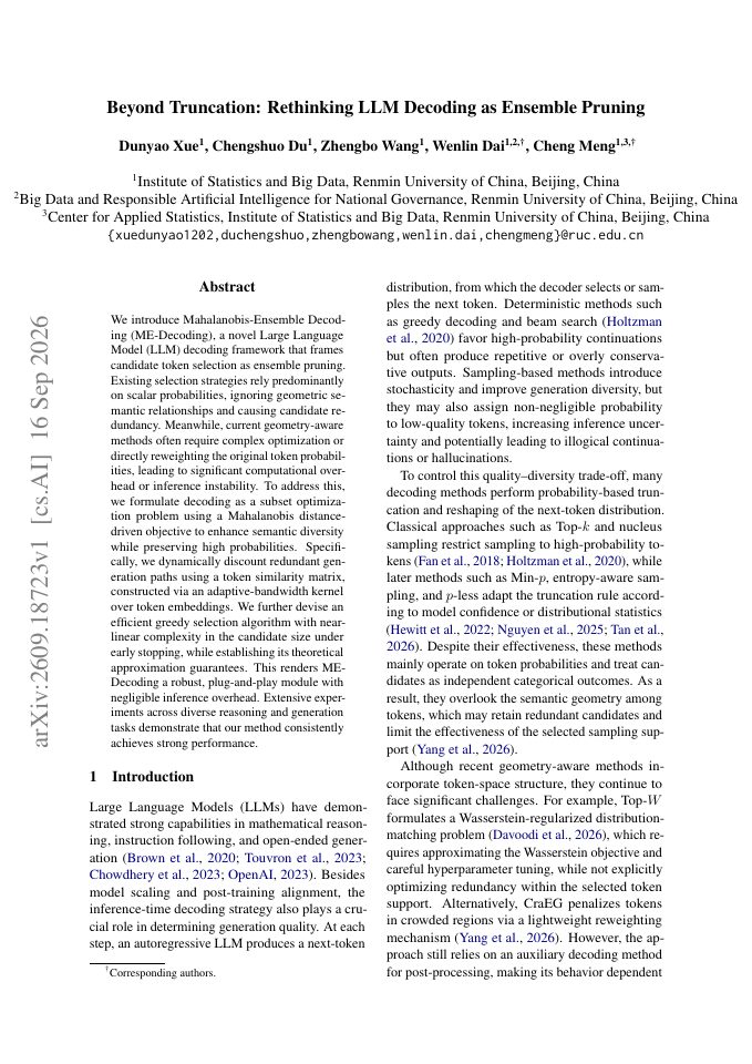 First page of Beyond Truncation: Rethinking LLM Decoding as Ensemble Pruning
