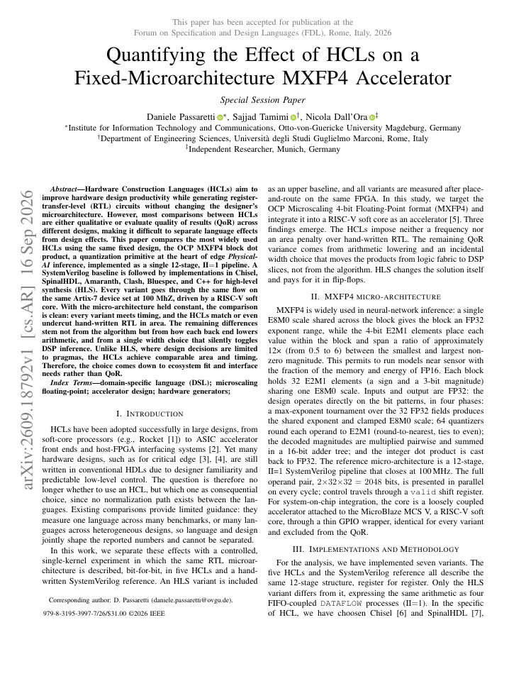 First page of Quantifying the Effect of HCLs on a Fixed-Microarchitecture MXFP4 Accelerator