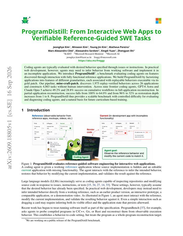 First page of ProgramDistill: From Interactive Web Apps to Verifiable Reference-Guided SWE Tasks