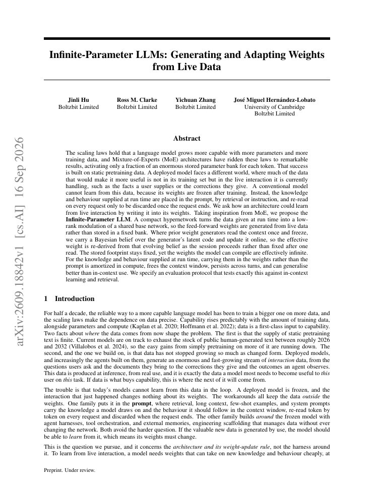First page of Infinite-Parameter LLMs: Generating and Adapting Weights from Live Data