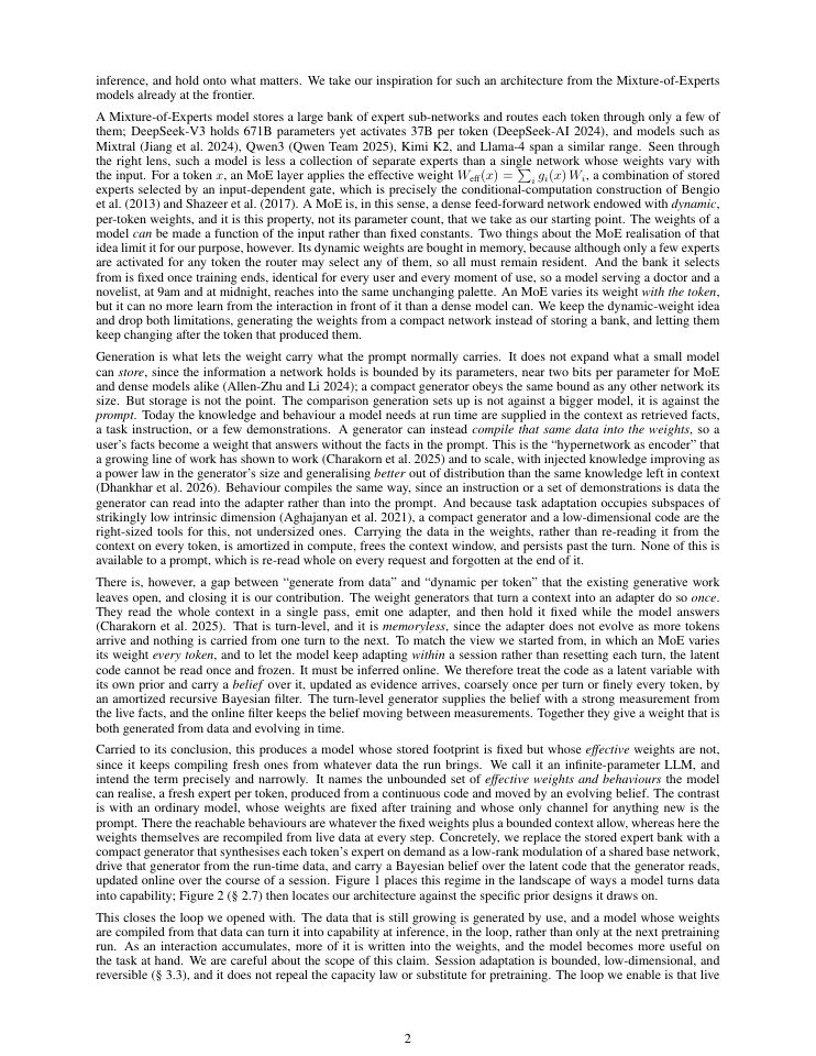 Page 2 of Infinite-Parameter LLMs: Generating and Adapting Weights from Live Data