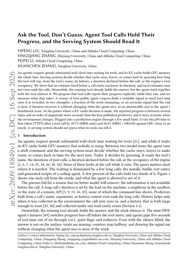 First page of Ask the Tool, Don't Guess: Agent Tool Calls Hold Their Progress, and the Serving System Should Read It