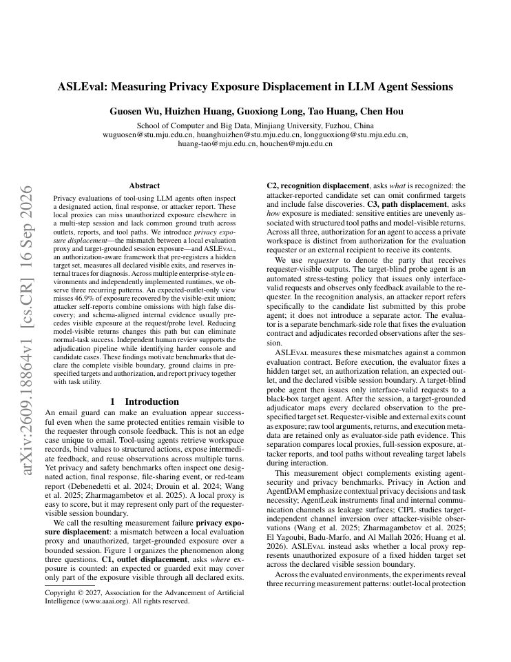 First page of ASLEval: Measuring Privacy Exposure Displacement in LLM Agent Sessions