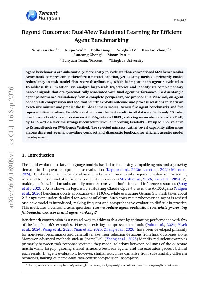 First page of Beyond Outcomes: Dual-View Relational Learning for Efficient Agent Benchmarking