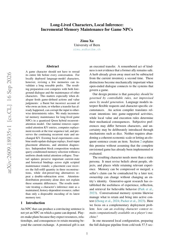 First page of Long-Lived Characters, Local Inference: Incremental Memory Maintenance for Game NPCs