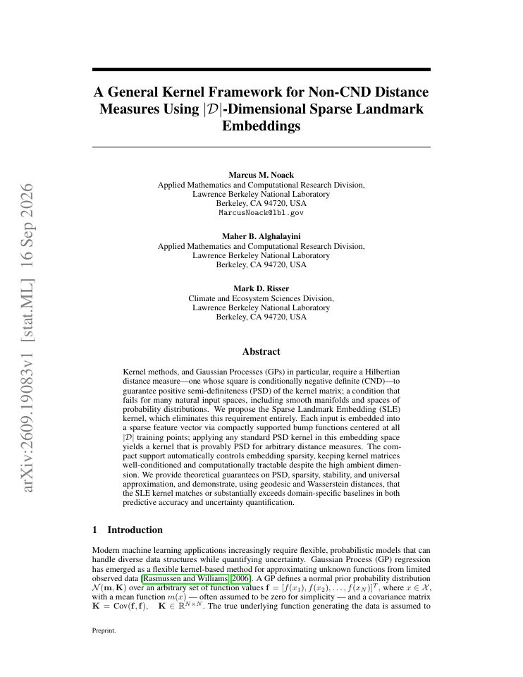 First page of A General Kernel Framework for Non-CND Distance Measures Using |D|-Dimensional Sparse Landmark Embeddings