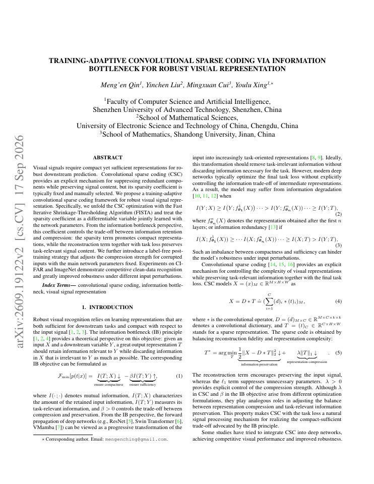 First page of Training-Adaptive Convolutional Sparse Coding via Information Bottleneck for Robust Visual Representation