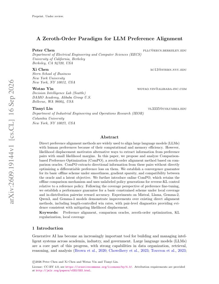 First page of A Zeroth-Order Paradigm for LLM Preference Alignment