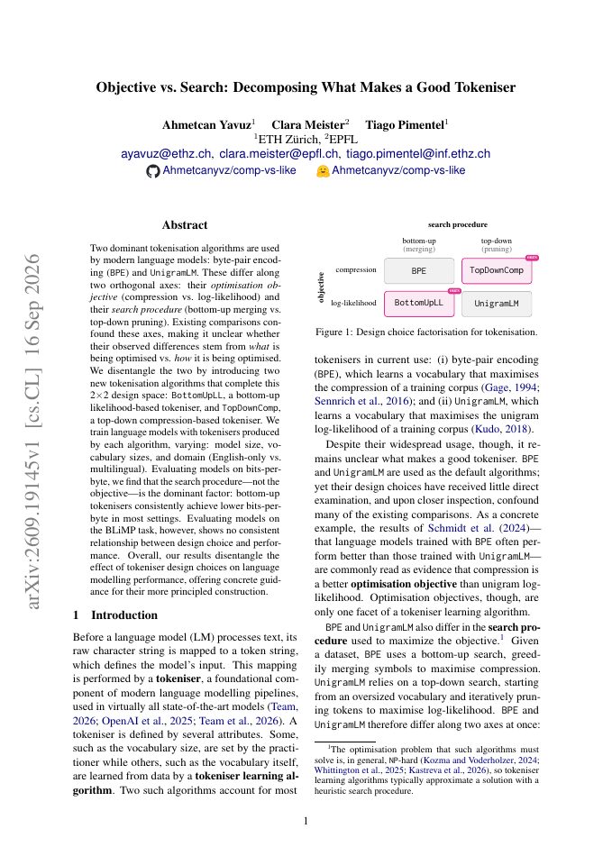 First page of Objective vs. Search: Decomposing What Makes a Good Tokeniser