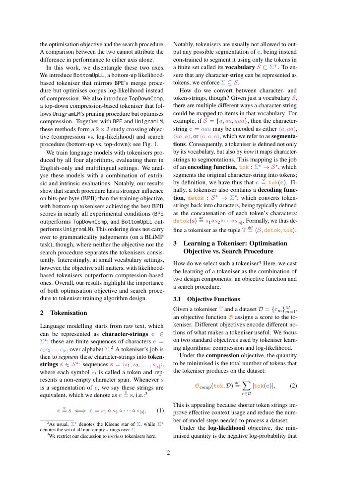 Page 2 of Objective vs. Search: Decomposing What Makes a Good Tokeniser