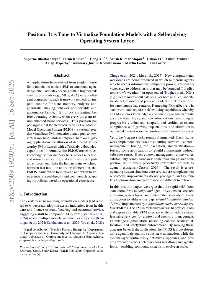 First page of Position: It is Time to Virtualize Foundation Models with a Self-evolving Operating System Layer