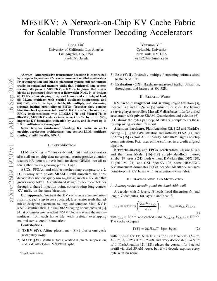 First page of MeshKV: A Network-on-Chip KV Cache Fabric for Scalable Transformer Decoding Accelerators