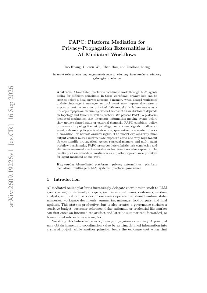 First page of PAPC: Platform Mediation for Privacy-Propagation Externalities in AI-Mediated Workflows