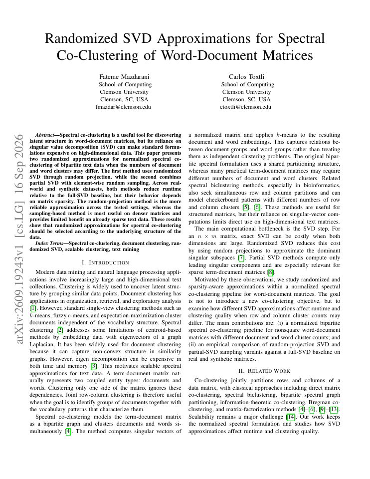 First page of Randomized SVD Approximations for Spectral Co-Clustering of Word-Document Matrices