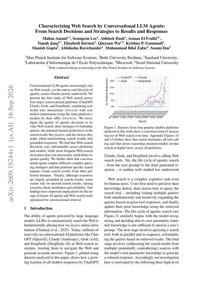 First page of Characterizing Web Search by Conversational LLM Agents: From Search Decisions and Strategies to Results and Responses
