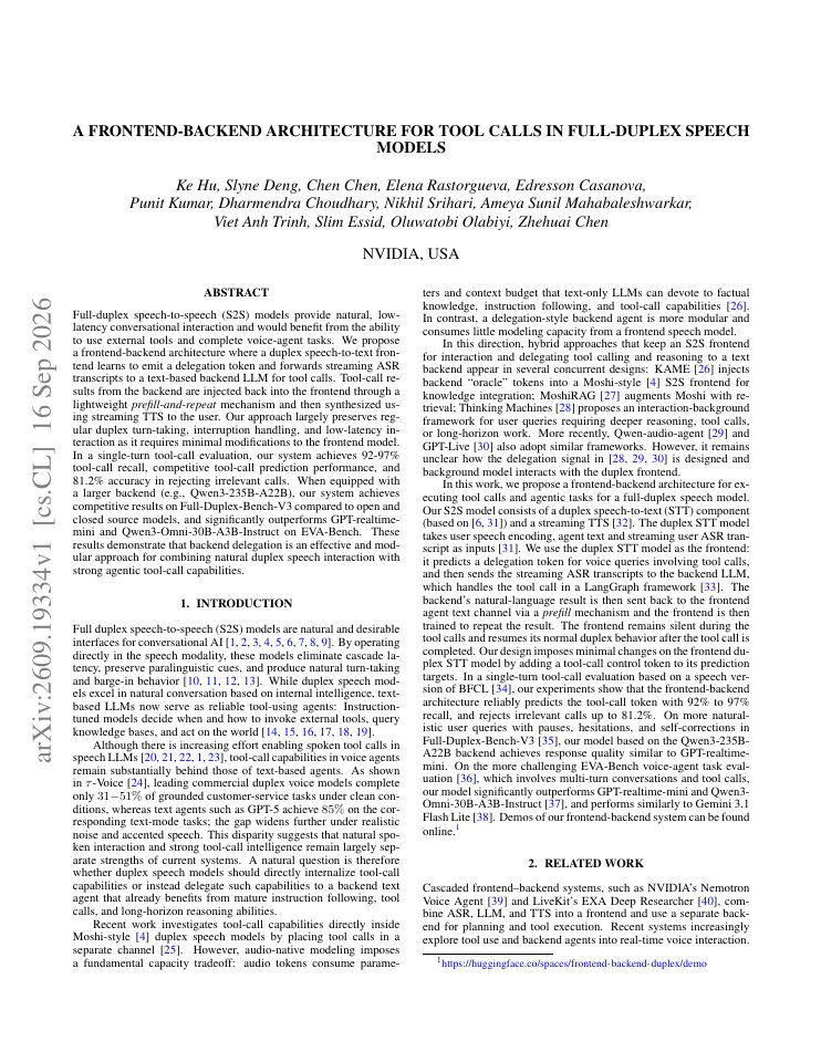 First page of A frontend-backend architecture for tool calls in full-duplex speech models