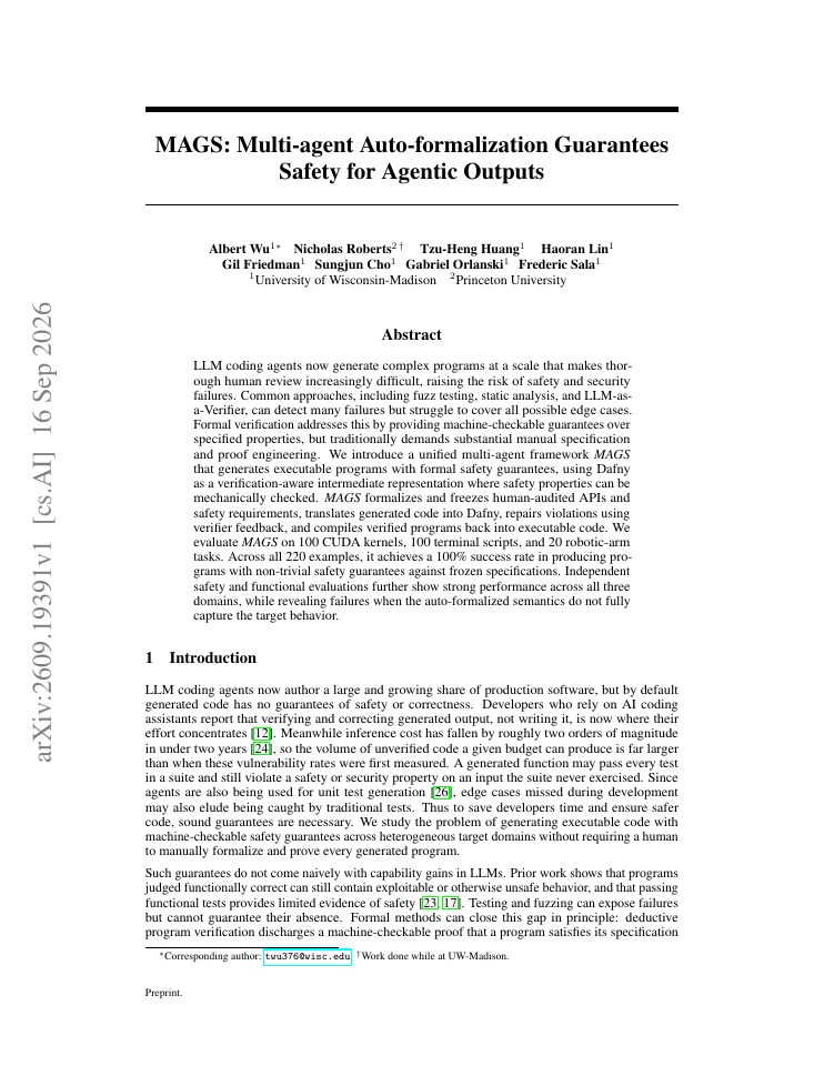 First page of MAGS: Multi-agent Auto-formalization Guarantees Safety for Agentic Outputs