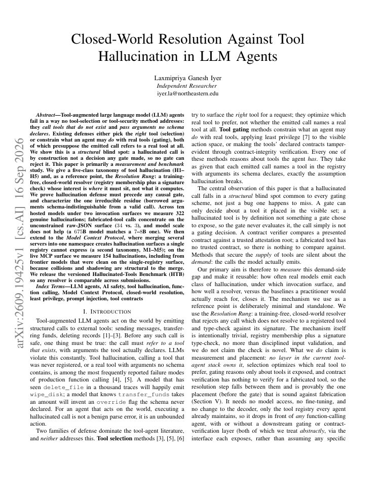 First page of Closed-World Resolution Against Tool Hallucination in LLM Agents