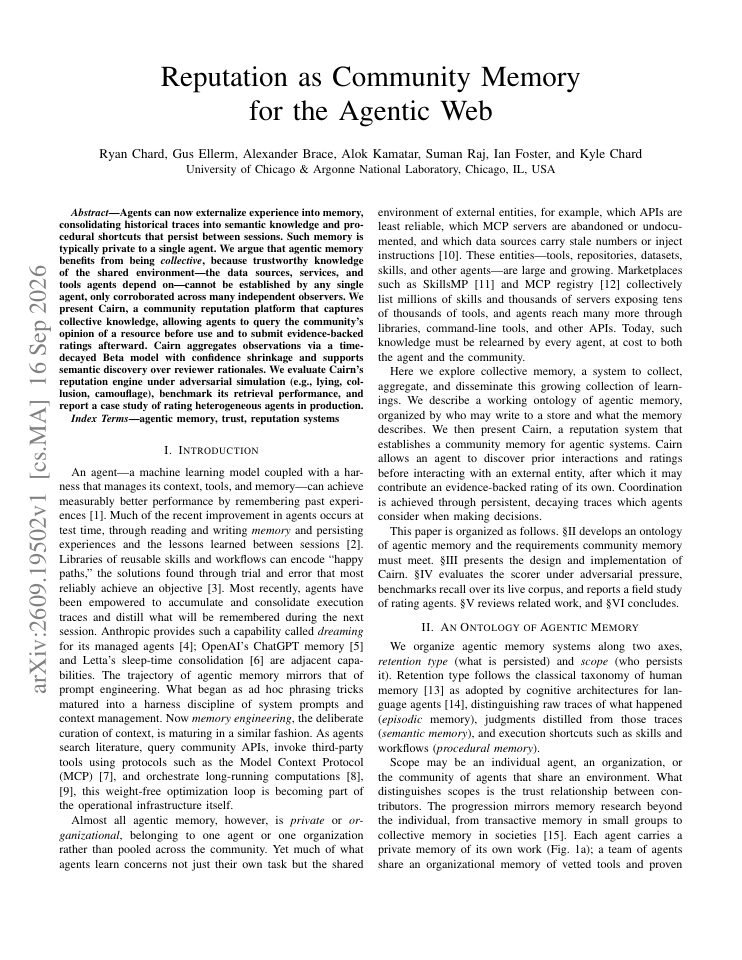 First page of Reputation as Community Memory for the Agentic Web