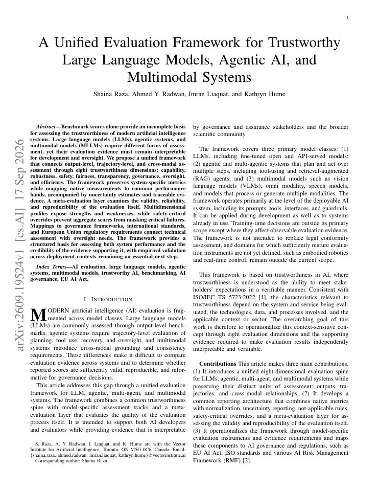 First page of A Unified Evaluation Framework for Trustworthy Large Language Models, Agentic AI, and Multimodal Systems