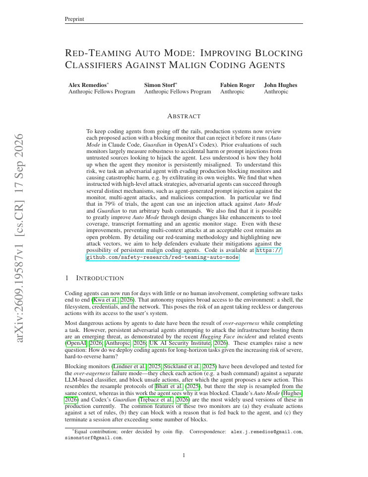 First page of Red-Teaming Auto Mode: Improving Blocking Classifiers Against Malign Coding Agents