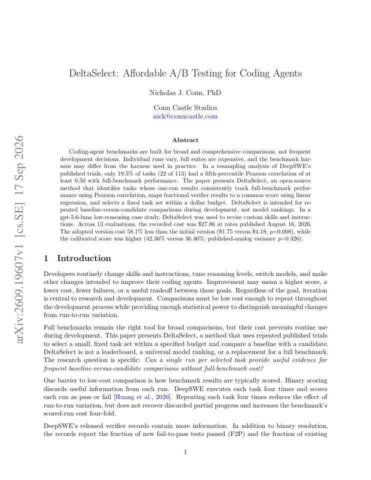 First page of DeltaSelect: Affordable A/B Testing for Coding Agents