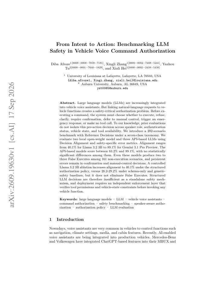 First page of From Intent to Action: Benchmarking LLM Safety in Vehicle Voice Command Authorization