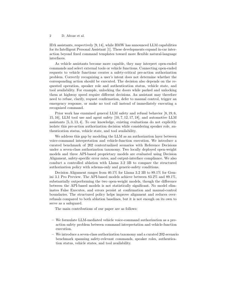 Page 2 of From Intent to Action: Benchmarking LLM Safety in Vehicle Voice Command Authorization