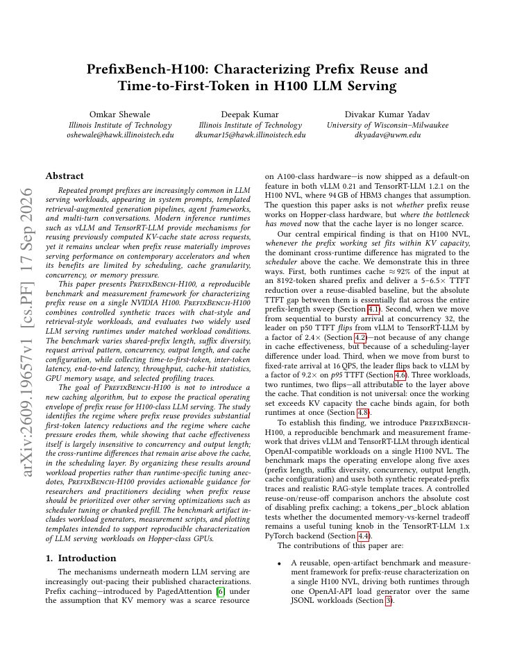 First page of PrefixBench-H100: Characterizing Prefix Reuse and Time-to-First-Token in H100 LLM Serving