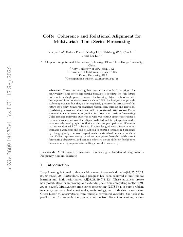First page of CoRe: Coherence and Relational Alignment for Multivariate Time Series Forecasting
