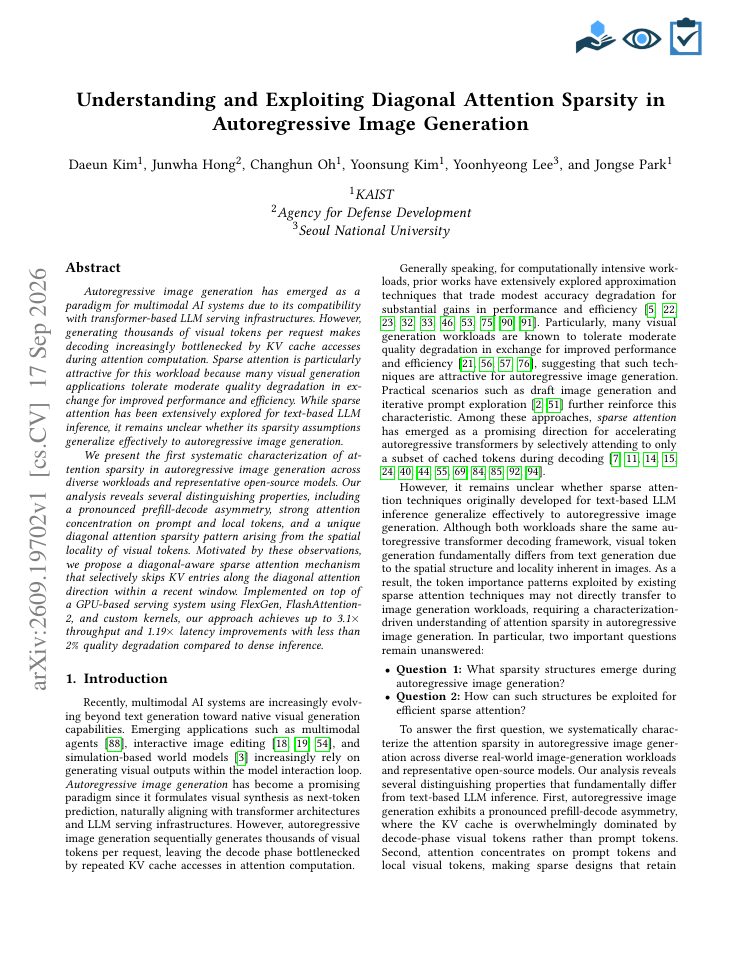 First page of Understanding and Exploiting Diagonal Attention Sparsity in Autoregressive Image Generation