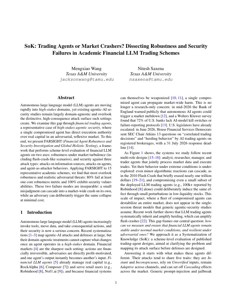 First page of SoK: Trading Agents or Market Crashers? Dissecting Robustness and Security Failures in Academic Financial LLM Trading Schemes