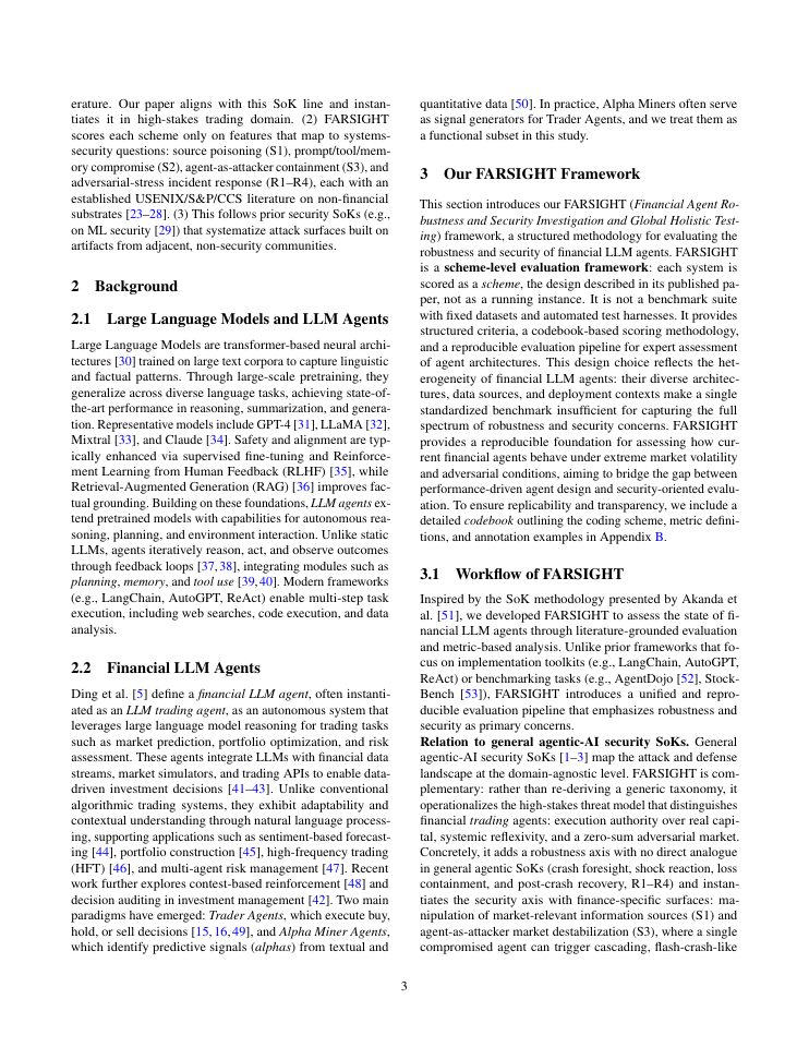 Page 3 of SoK: Trading Agents or Market Crashers? Dissecting Robustness and Security Failures in Academic Financial LLM Trading Schemes