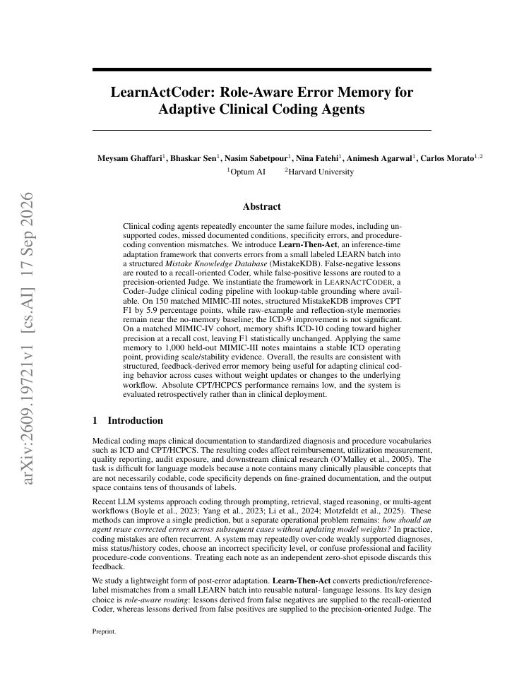 First page of LearnActCoder: Role-Aware Error Memory for Adaptive Clinical Coding Agents