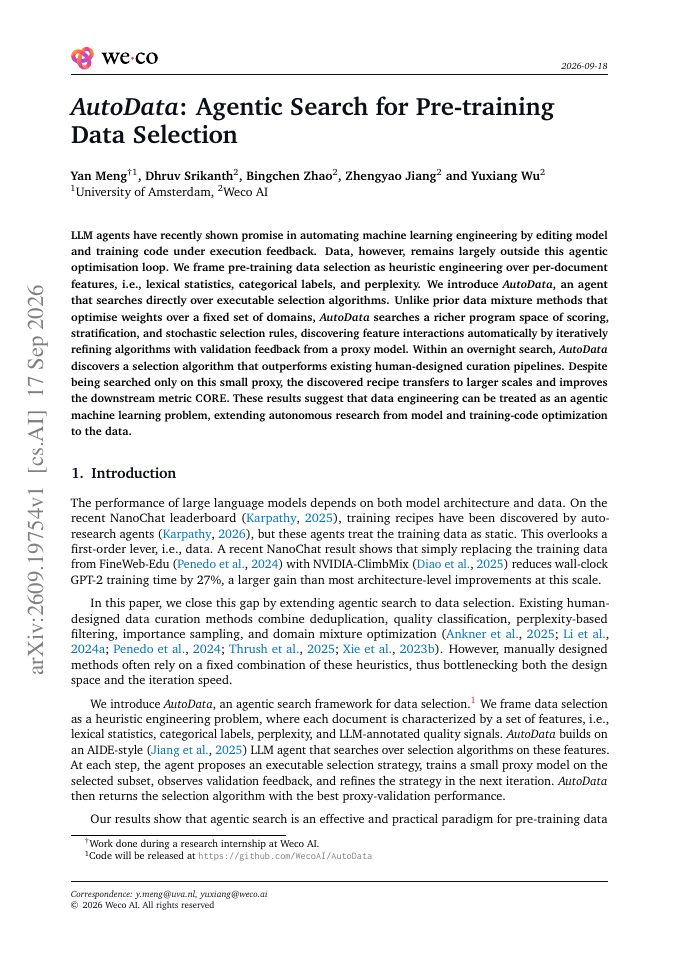 First page of AutoData: Agentic Search for Pre-training Data Selection