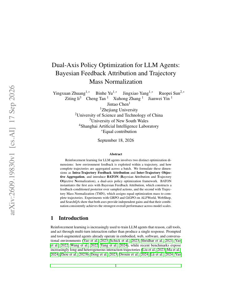 First page of Dual-Axis Policy Optimization for LLM Agents: Bayesian Feedback Attribution and Trajectory Mass Normalization