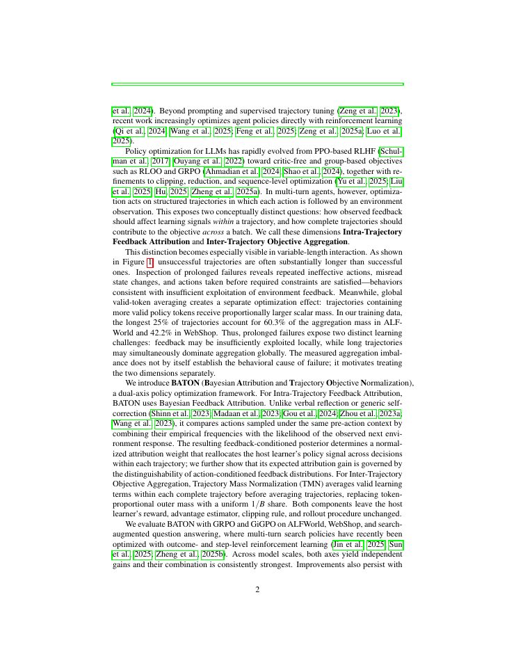 Page 2 of Dual-Axis Policy Optimization for LLM Agents: Bayesian Feedback Attribution and Trajectory Mass Normalization
