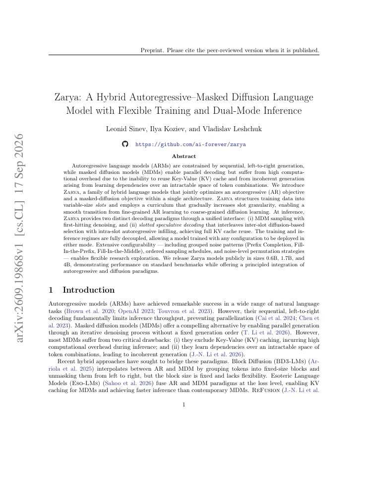 First page of Zarya: A Hybrid Autoregressive--Masked Diffusion Language Model with Flexible Training and Dual-Mode Inference