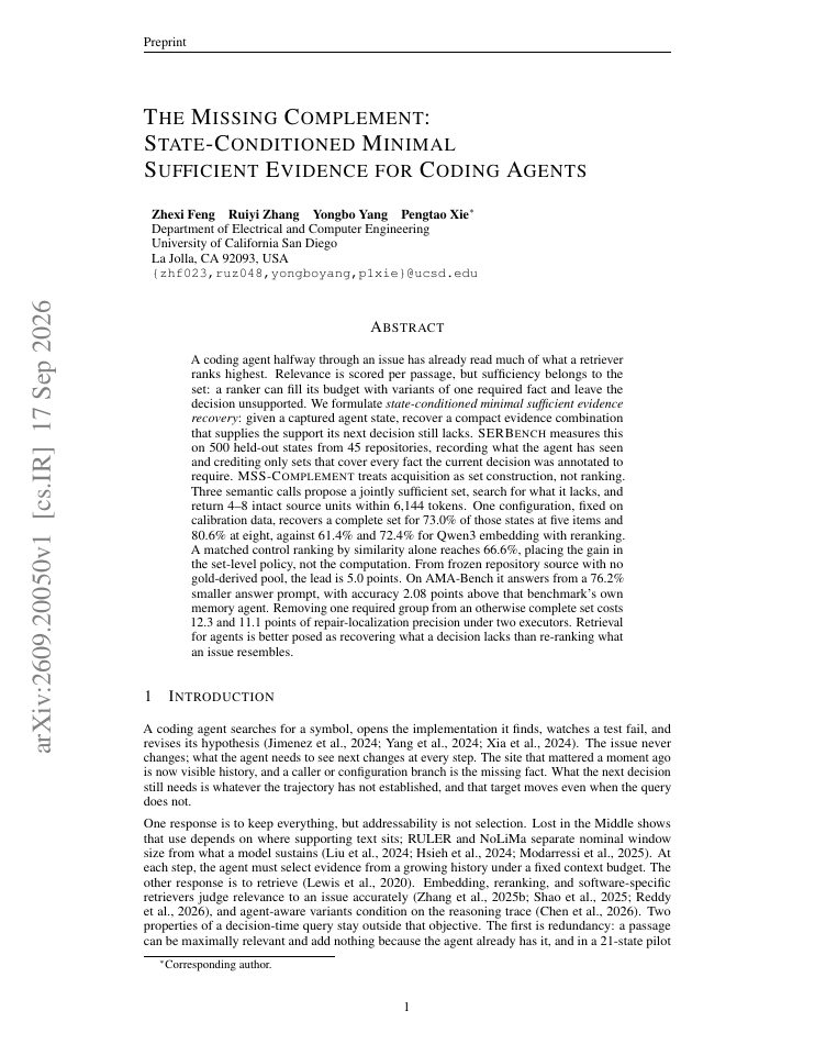 First page of The Missing Complement: State-Conditioned Minimal Sufficient Evidence for Coding Agents
