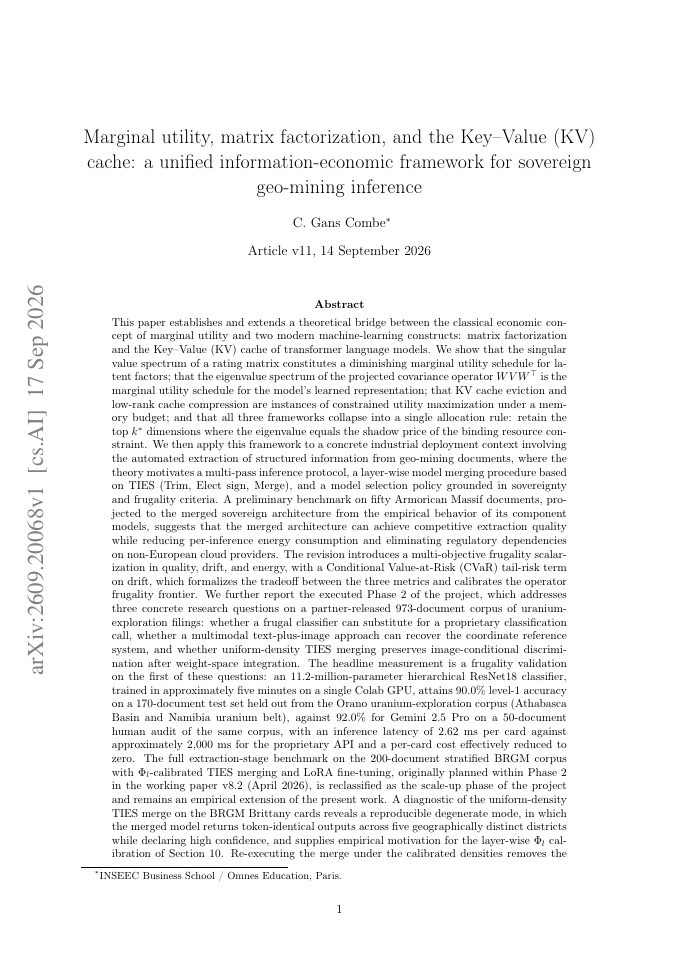 First page of Marginal utility, matrix factorization, and the Key-Value (KV) cache: a unified information-economic framework for sovereign geo-mining inference