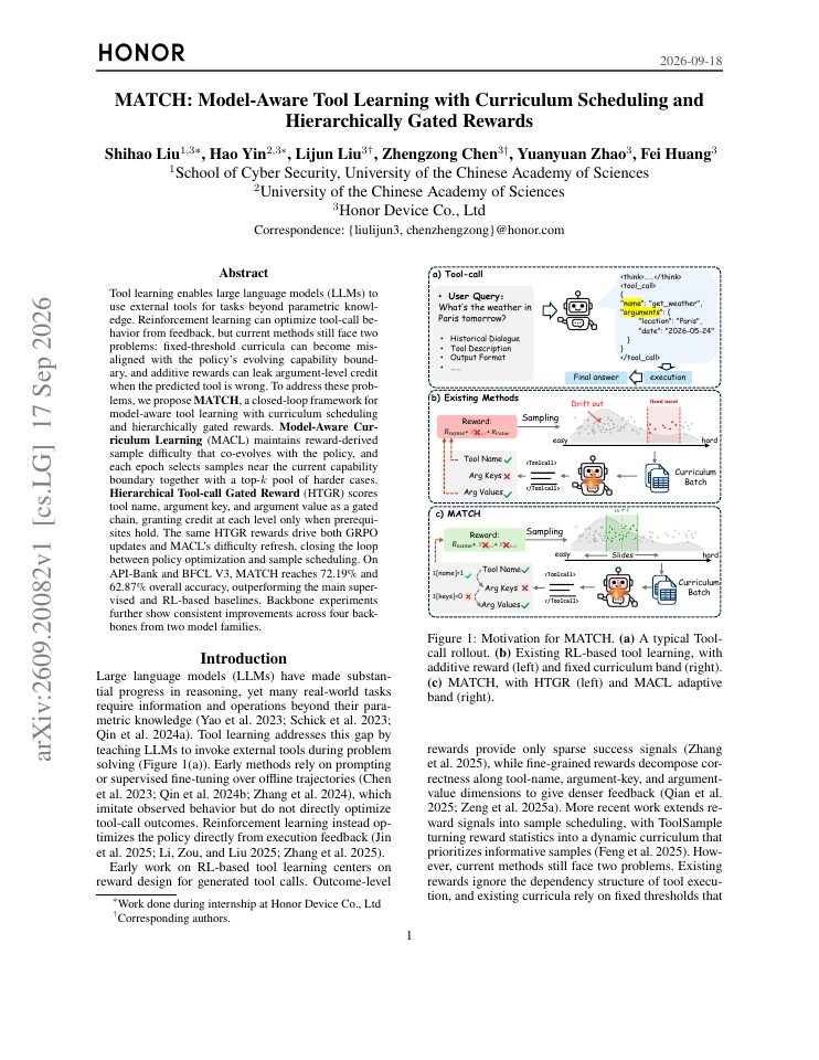 First page of MATCH: Model-Aware Tool Learning with Curriculum Scheduling and Hierarchically Gated Rewards