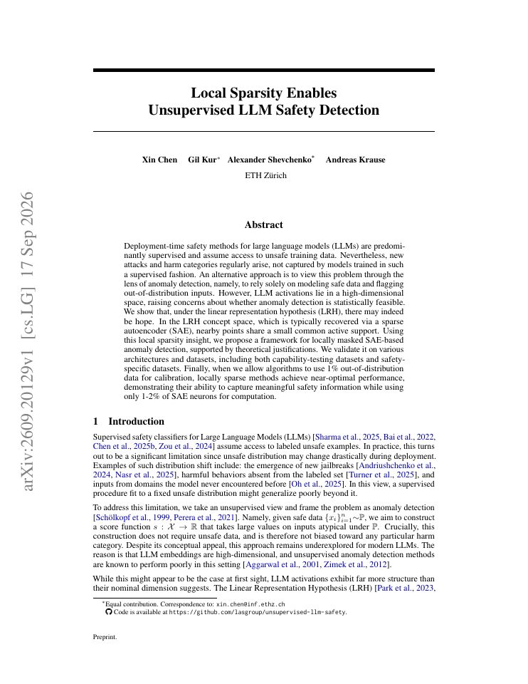 First page of Local Sparsity Enables Unsupervised LLM Safety Detection