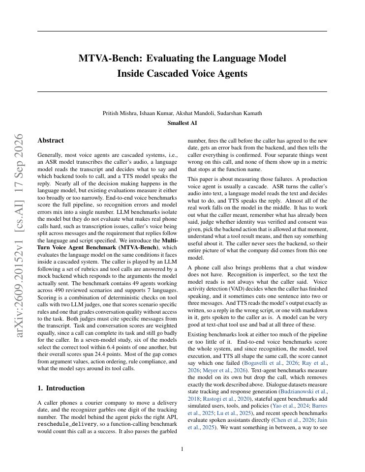 First page of MTVA-Bench: Evaluating the Language Model Inside Cascaded Voice Agents